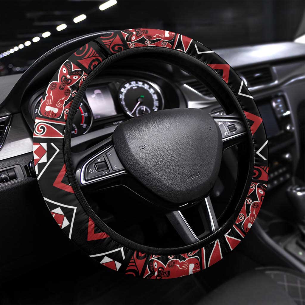 Taniko Motifs Aotearoa Steering Wheel Cover Waitangi Kowhaiwhai Kiwi LT7 Universal Fit Red - Polynesian Pride