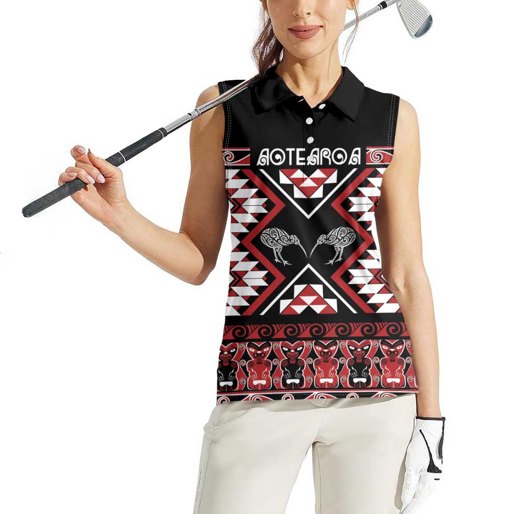 Personalised Taniko Motifs Aotearoa Women Sleeveless Polo Shirt Waitangi Kowhaiwhai Kiwi LT7 - Polynesian Pride