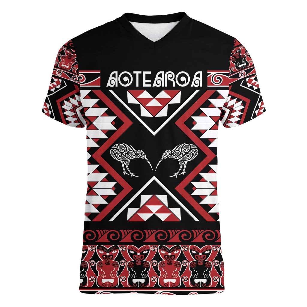 Personalised Taniko Motifs Aotearoa Women V-Neck T-Shirt Waitangi Kowhaiwhai Kiwi