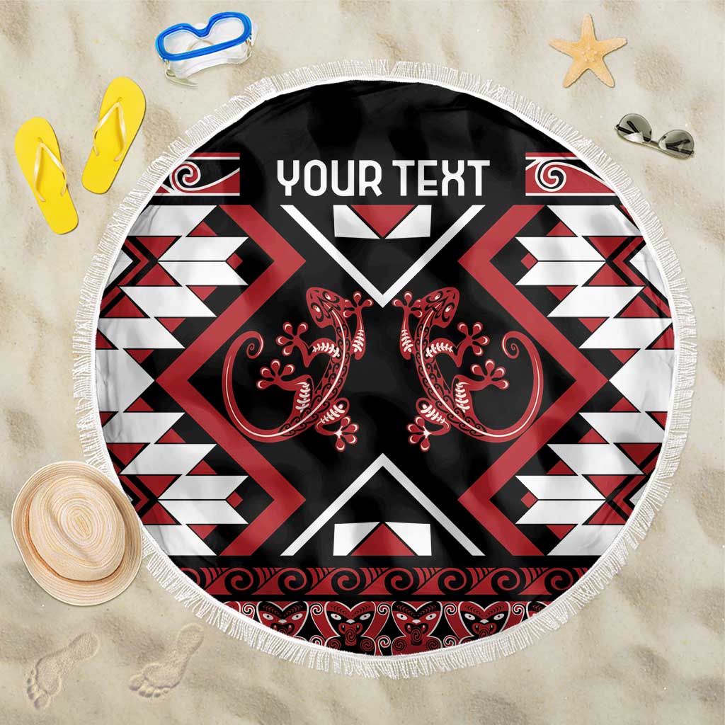 Personalised Aotearoa Waitangi Beach Blanket Taniko Motifs - Mania Gecko LT7 One Size 150cm Red - Polynesian Pride
