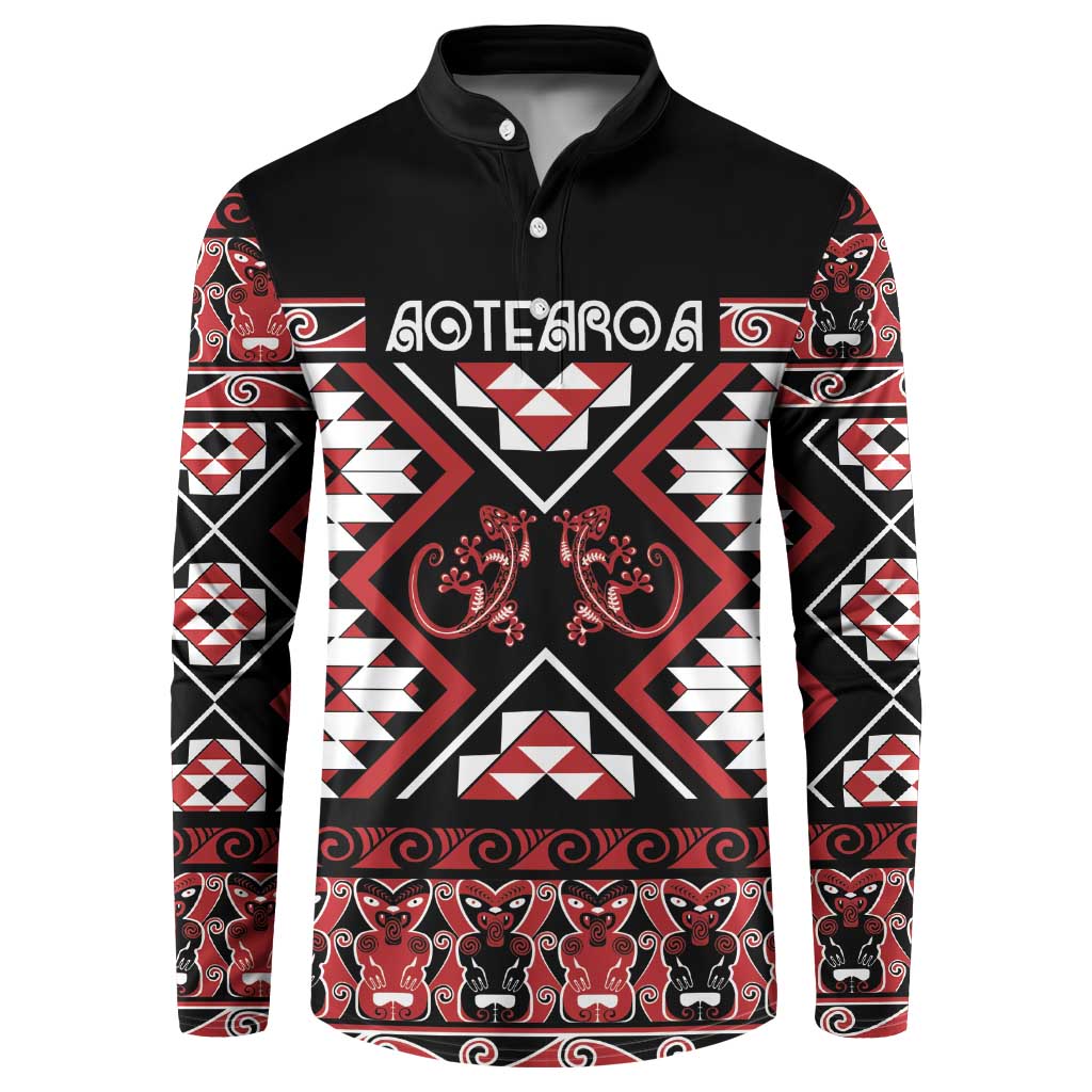 Personalised Aotearoa Waitangi Button Sweatshirt Taniko Motifs - Mania Gecko LT7 Red - Polynesian Pride