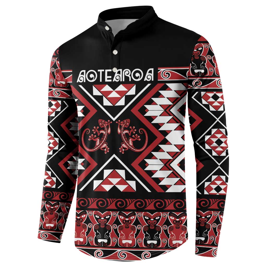 Personalised Aotearoa Waitangi Button Sweatshirt Taniko Motifs - Mania Gecko LT7 - Polynesian Pride