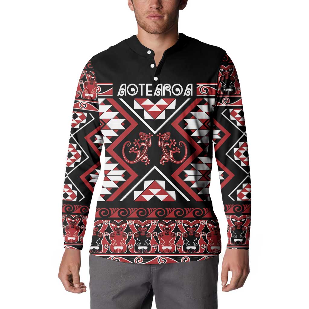 Personalised Aotearoa Waitangi Button Sweatshirt Taniko Motifs - Mania Gecko LT7 - Polynesian Pride