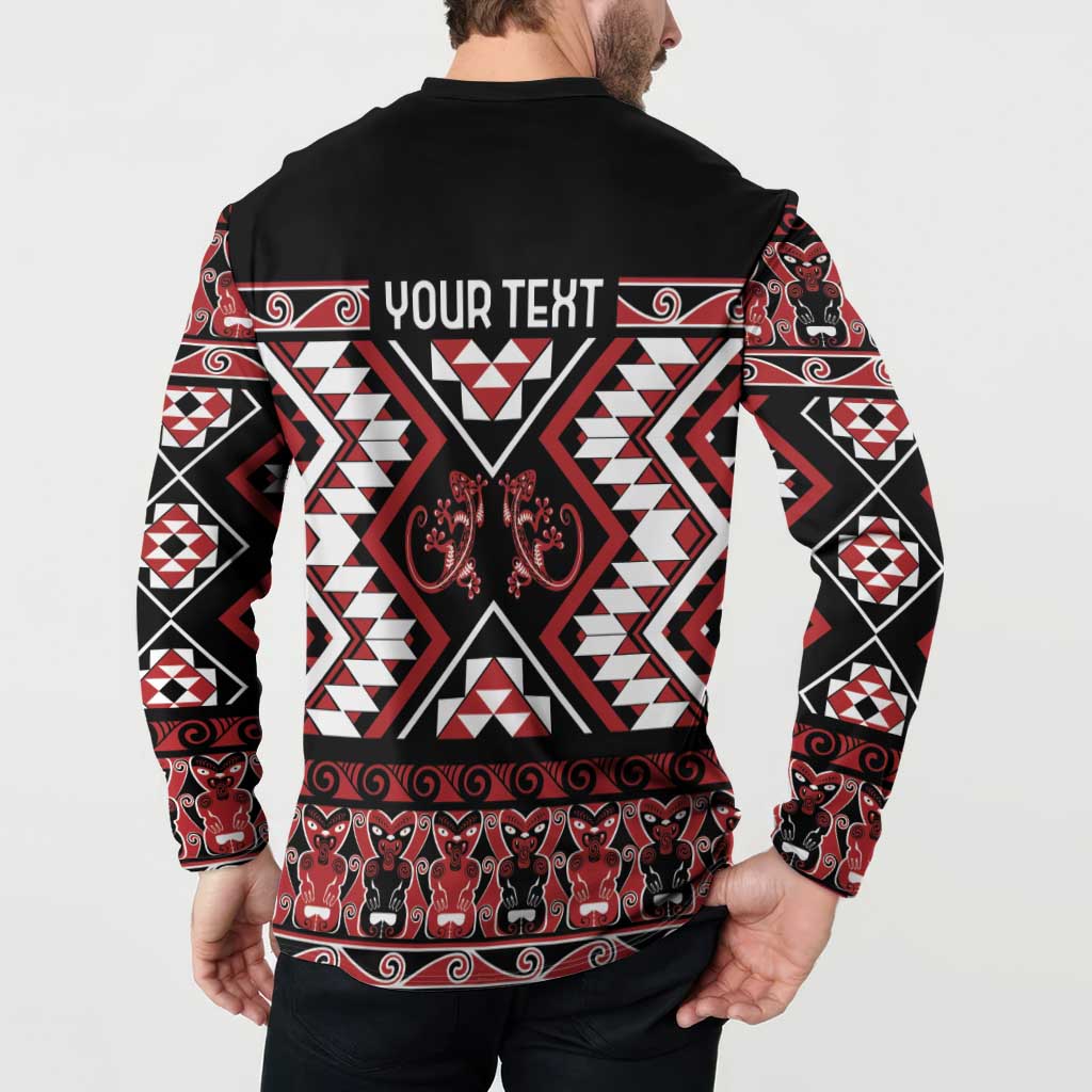 Personalised Aotearoa Waitangi Button Sweatshirt Taniko Motifs - Mania Gecko LT7 - Polynesian Pride