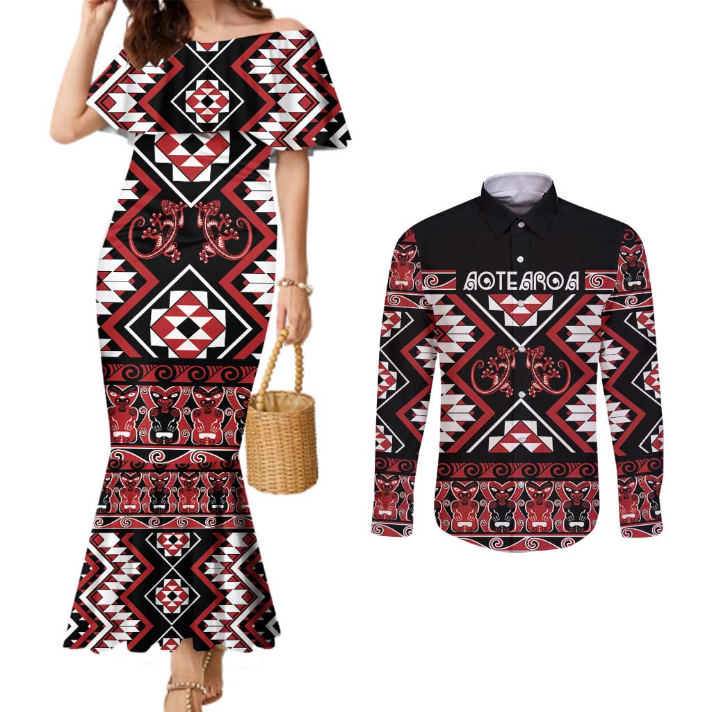 Personalised Aotearoa Waitangi Couples Matching Mermaid Dress and Long Sleeve Button Shirt Taniko Motifs - Mania Gecko LT7 Red - Polynesian Pride