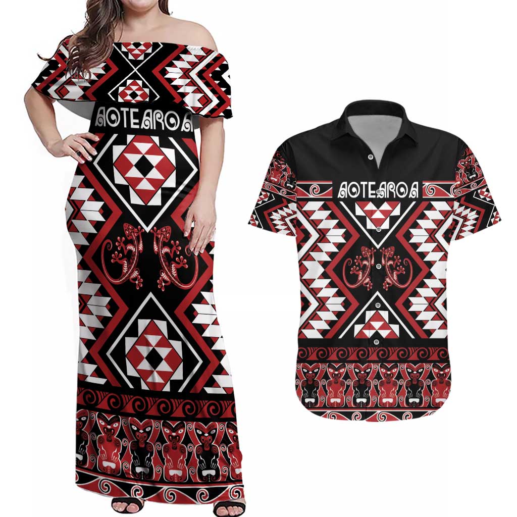 Personalised Aotearoa Waitangi Couples Matching Off Shoulder Maxi Dress and Hawaiian Shirt Taniko Motifs - Mania Gecko