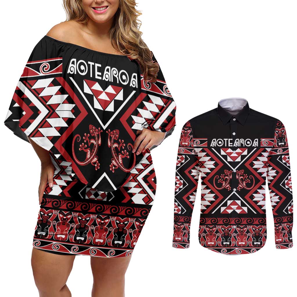 Personalised Aotearoa Waitangi Couples Matching Off Shoulder Short Dress and Long Sleeve Button Shirt Taniko Motifs - Mania Gecko LT7 Red - Polynesian Pride