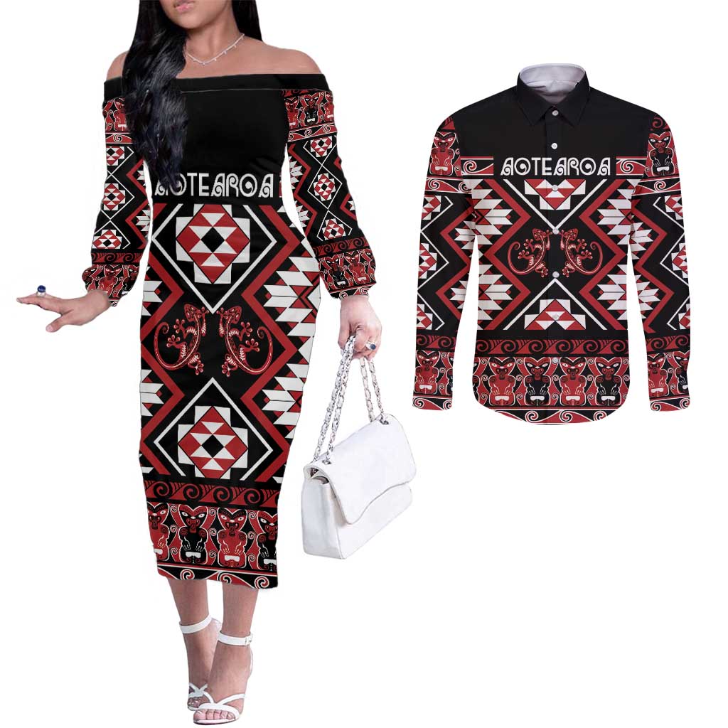 Personalised Aotearoa Waitangi Couples Matching Off The Shoulder Long Sleeve Dress and Long Sleeve Button Shirt Taniko Motifs - Mania Gecko LT7 Red - Polynesian Pride
