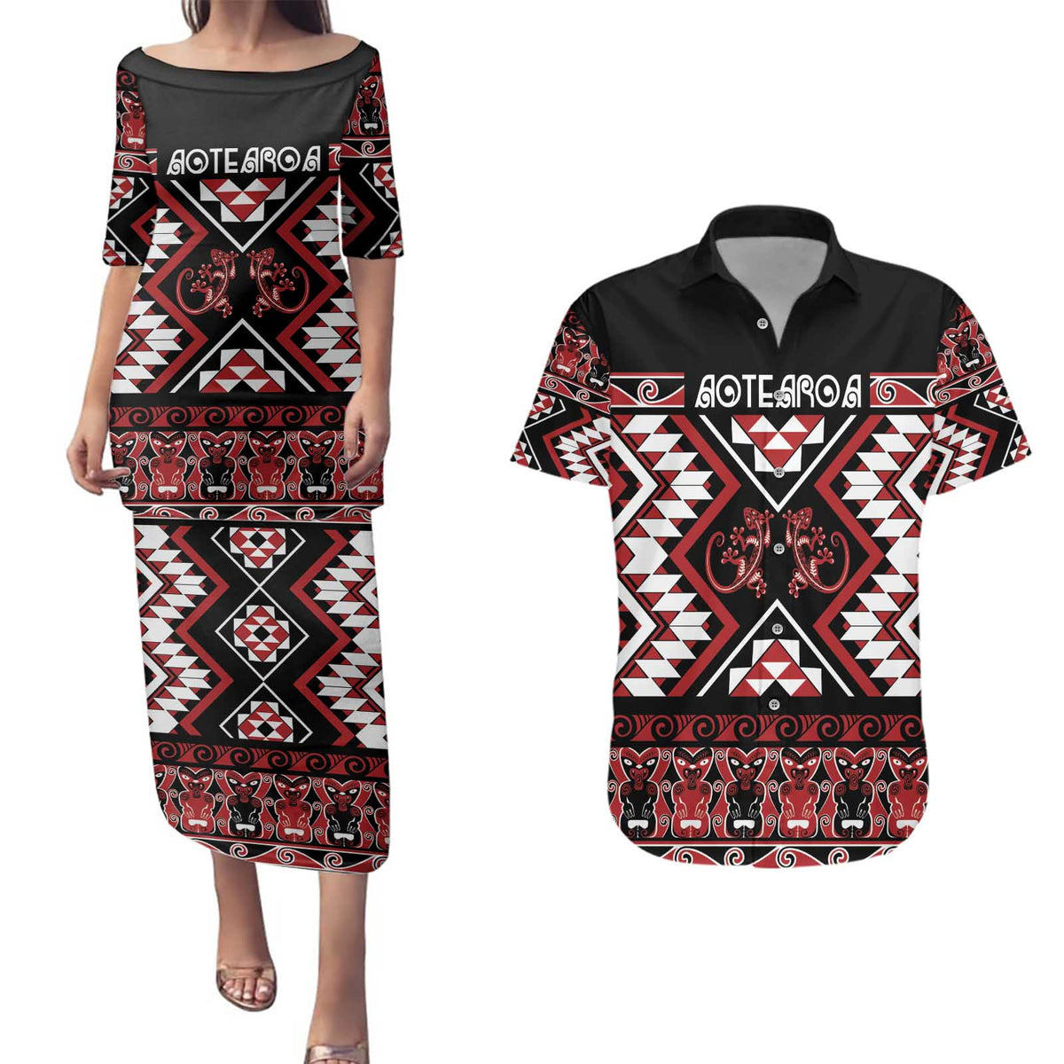 Personalised Aotearoa Waitangi Couples Matching Puletasi and Hawaiian Shirt Taniko Motifs - Mania Gecko LT7 Red - Polynesian Pride
