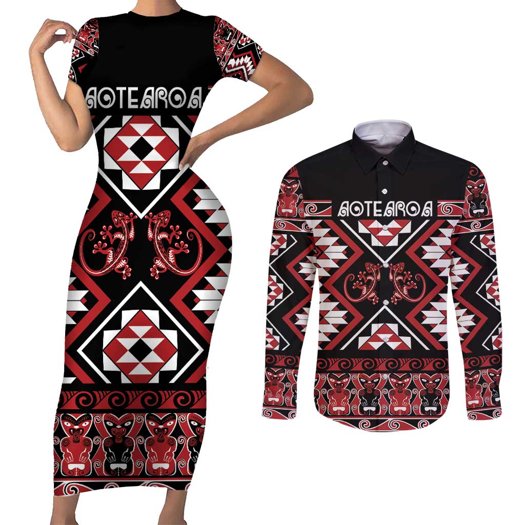 Personalised Aotearoa Waitangi Couples Matching Short Sleeve Bodycon Dress and Long Sleeve Button Shirt Taniko Motifs - Mania Gecko LT7 Red - Polynesian Pride