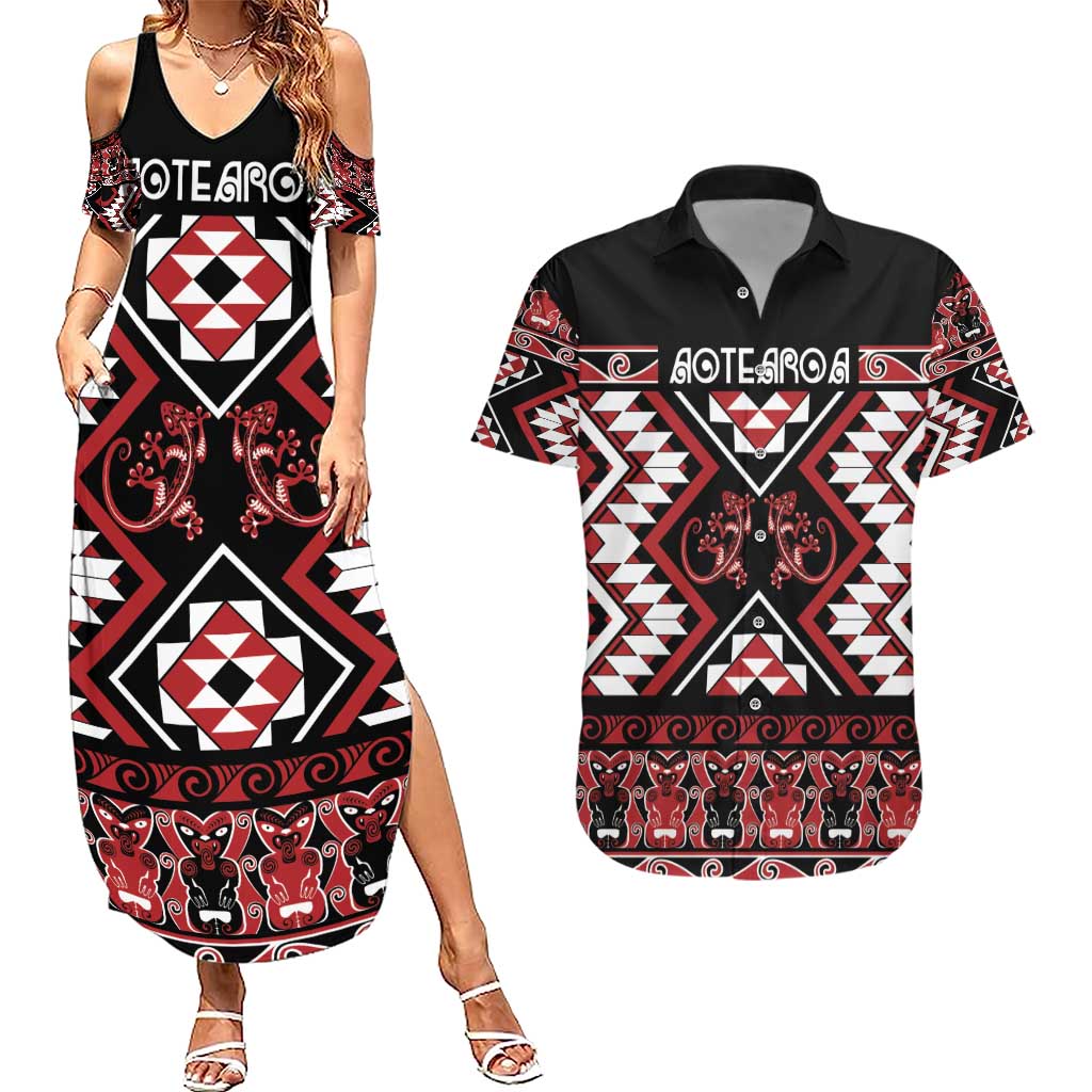 Personalised Aotearoa Waitangi Couples Matching Summer Maxi Dress and Hawaiian Shirt Taniko Motifs - Mania Gecko