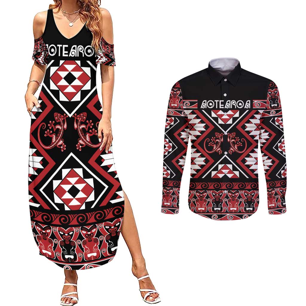 Personalised Aotearoa Waitangi Couples Matching Summer Maxi Dress and Long Sleeve Button Shirt Taniko Motifs - Mania Gecko LT7 Red - Polynesian Pride