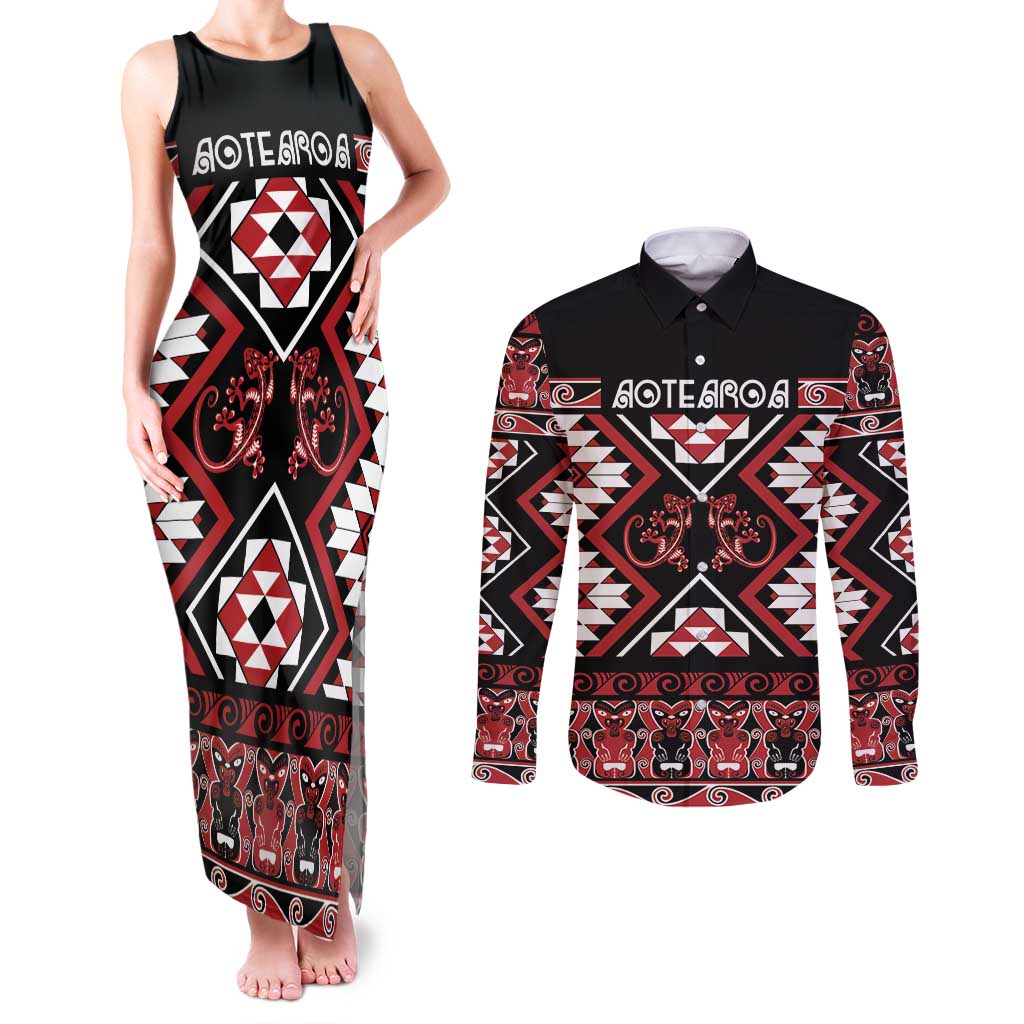 Personalised Aotearoa Waitangi Couples Matching Tank Maxi Dress and Long Sleeve Button Shirt Taniko Motifs - Mania Gecko LT7 Red - Polynesian Pride