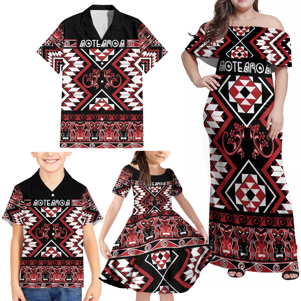 Personalised Aotearoa Waitangi Family Matching Off Shoulder Maxi Dress and Hawaiian Shirt Taniko Motifs - Mania Gecko