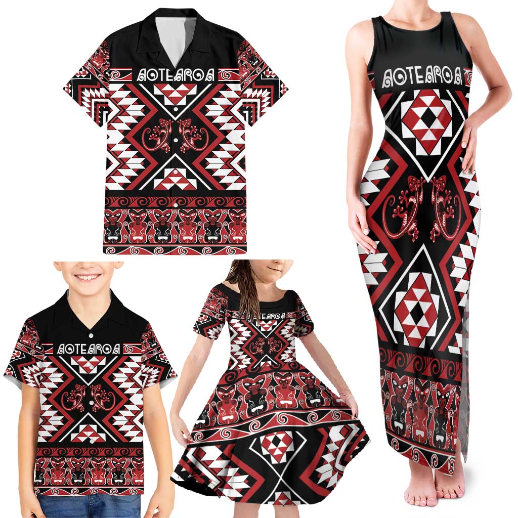 Personalised Aotearoa Waitangi Family Matching Tank Maxi Dress and Hawaiian Shirt Taniko Motifs - Mania Gecko