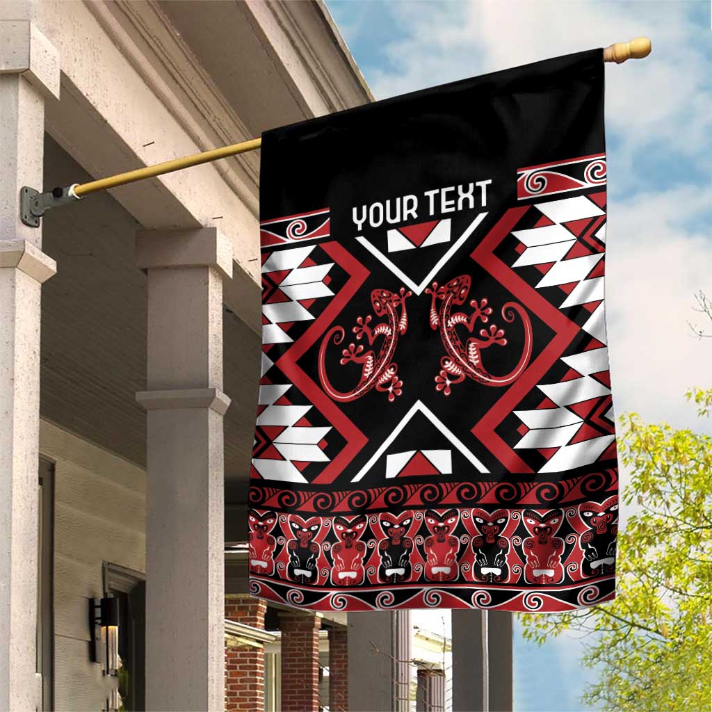 Personalised Aotearoa Waitangi Garden Flag Taniko Motifs - Mania Gecko LT7 House Flag Red - Polynesian Pride
