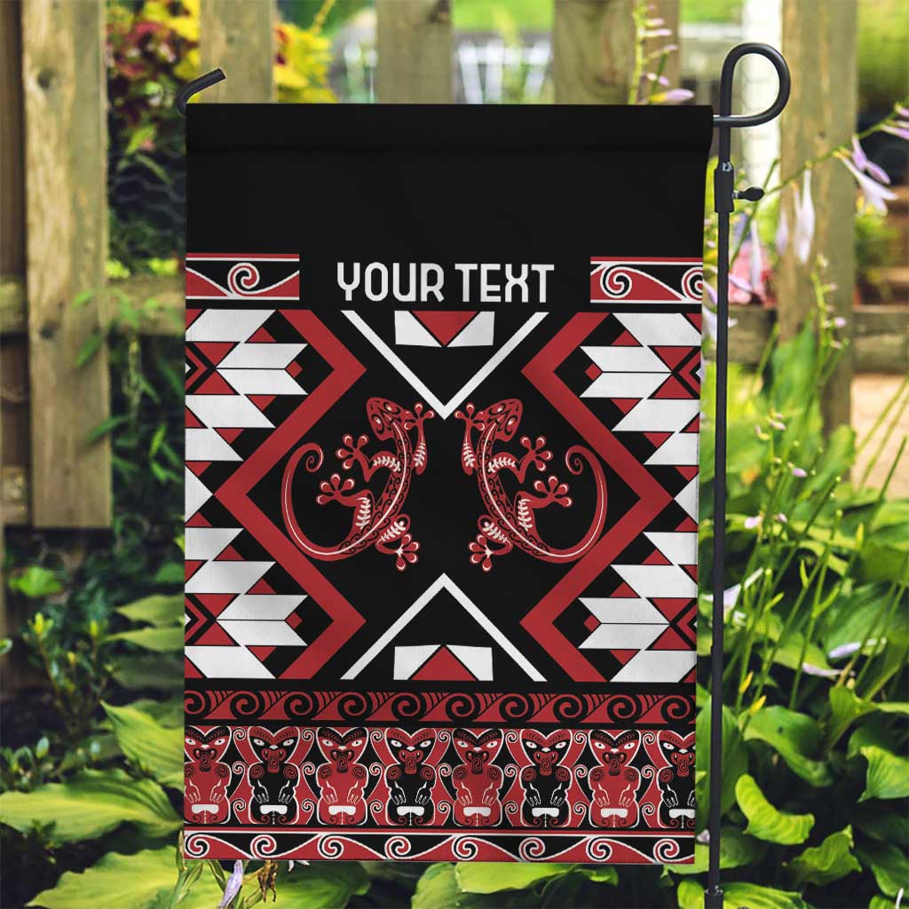 Personalised Aotearoa Waitangi Garden Flag Taniko Motifs - Mania Gecko LT7 Garden Flag Red - Polynesian Pride