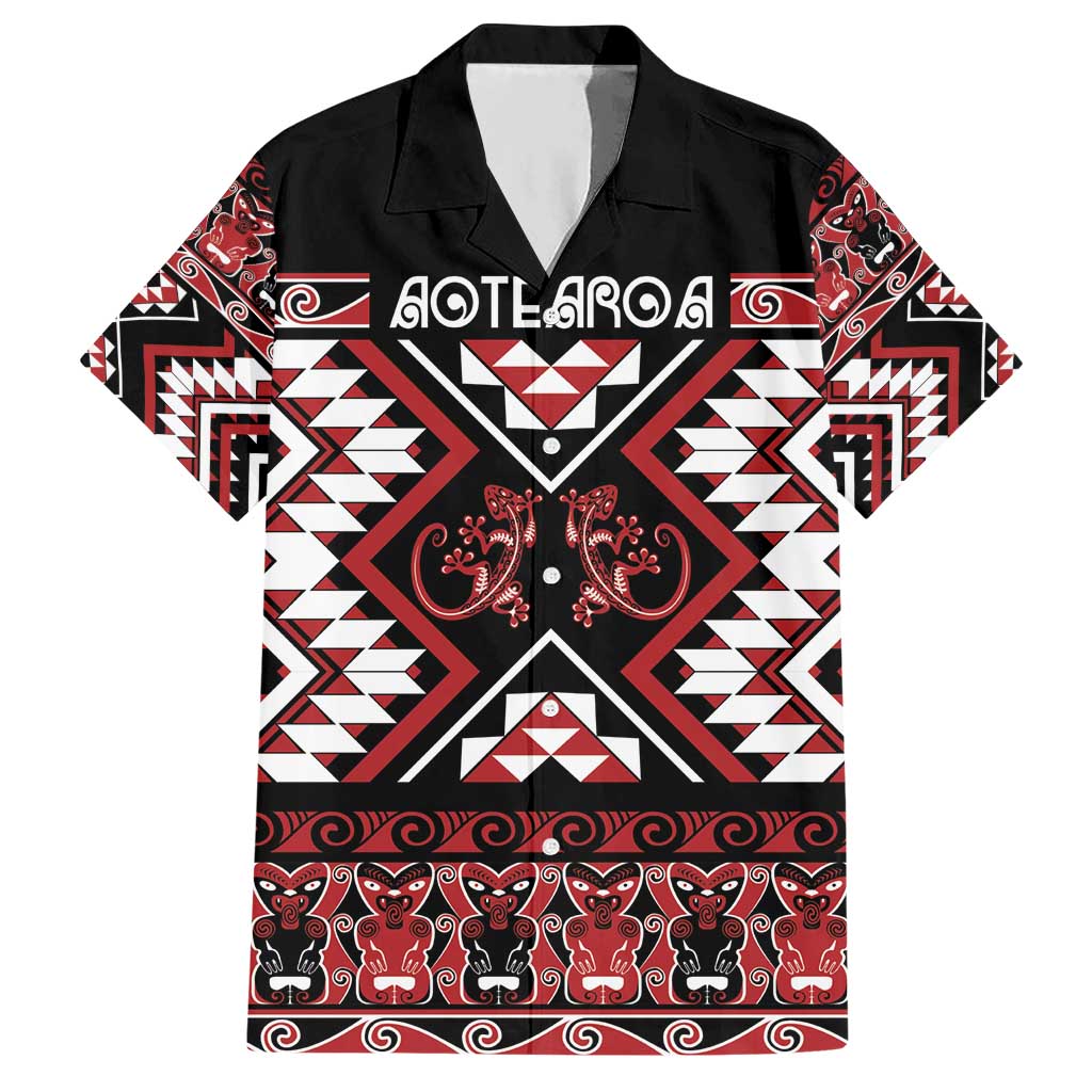 Personalised Aotearoa Waitangi Hawaiian Shirt Taniko Motifs - Mania Gecko LT7 Red - Polynesian Pride