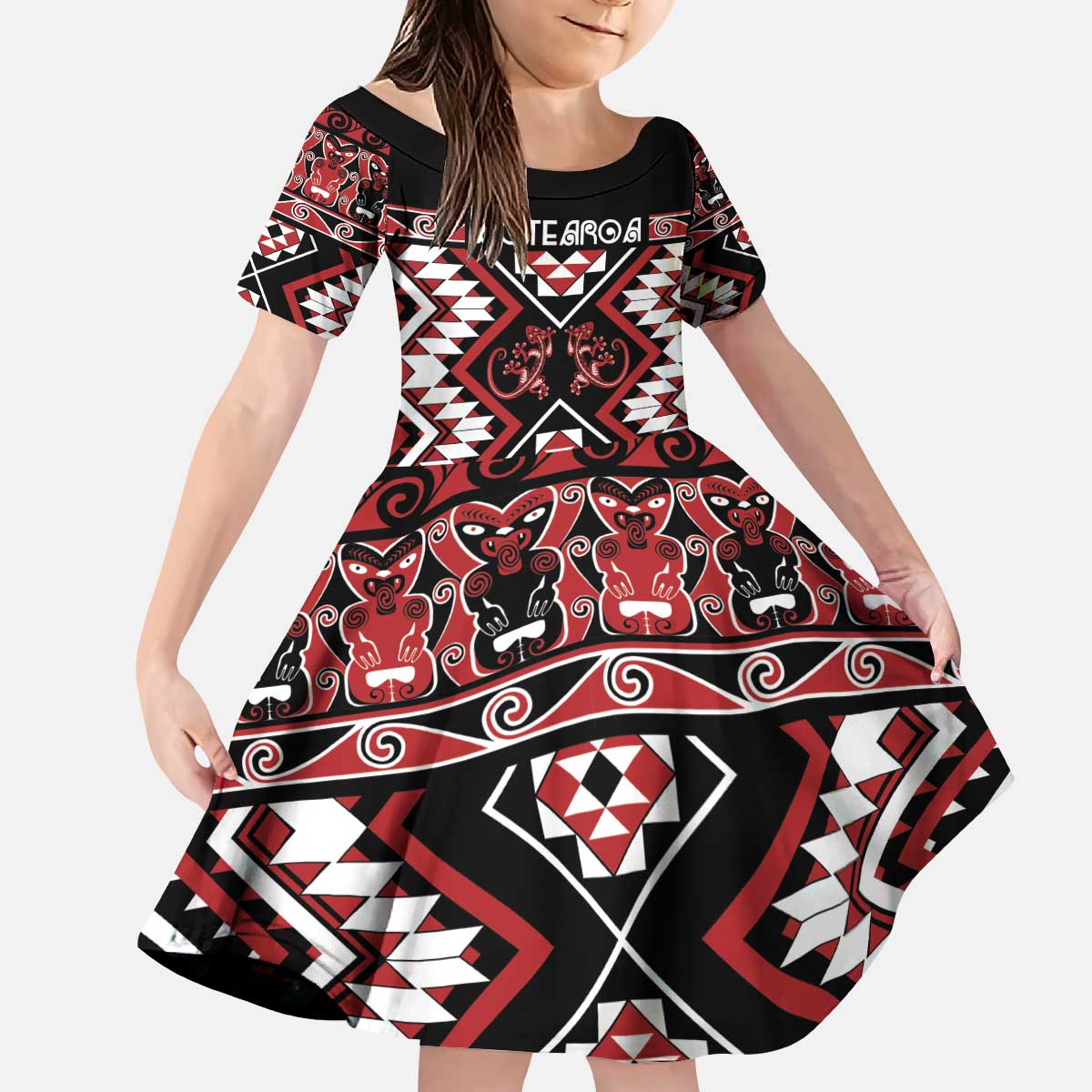 Personalised Aotearoa Waitangi Kid Short Sleeve Dress Taniko Motifs - Mania Gecko