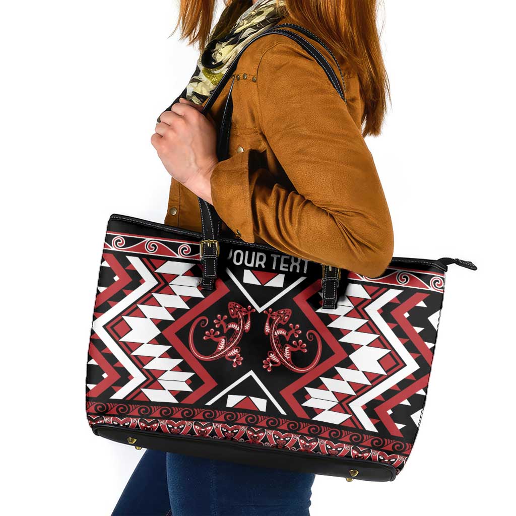 Personalised Aotearoa Waitangi Leather Tote Bag Taniko Motifs - Mania Gecko LT7 Red - Polynesian Pride