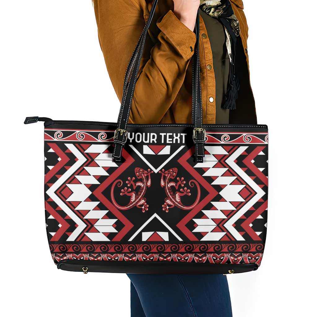 Personalised Aotearoa Waitangi Leather Tote Bag Taniko Motifs - Mania Gecko LT7 - Polynesian Pride