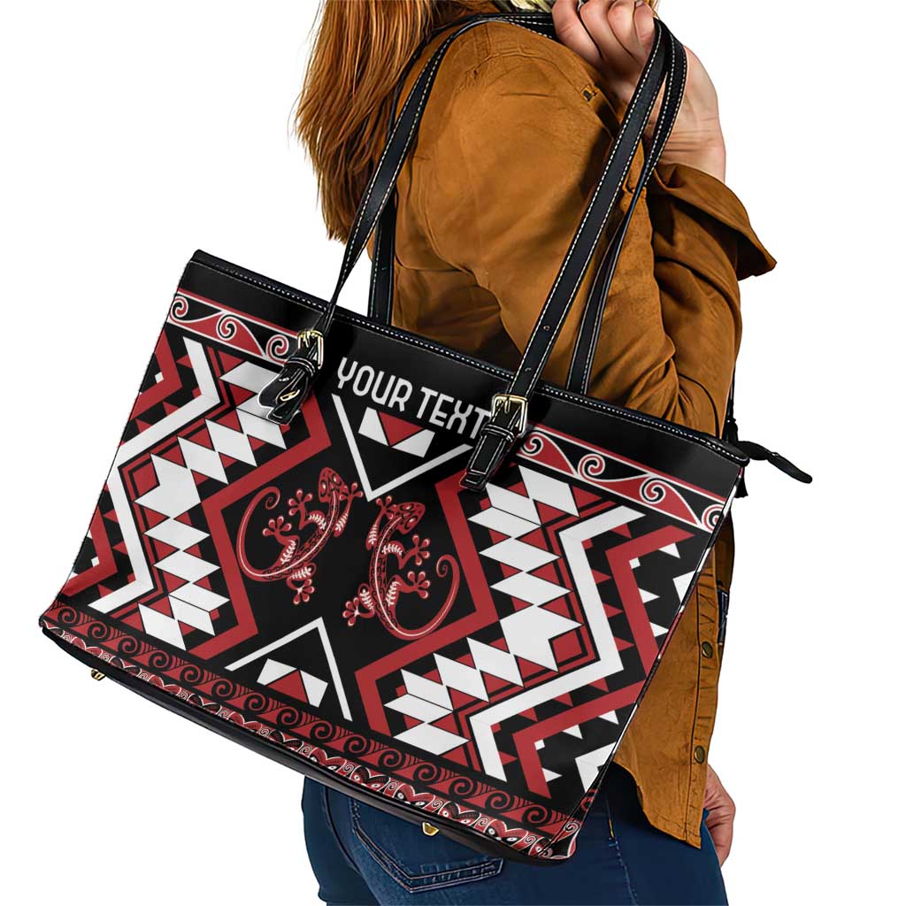 Personalised Aotearoa Waitangi Leather Tote Bag Taniko Motifs - Mania Gecko LT7 - Polynesian Pride