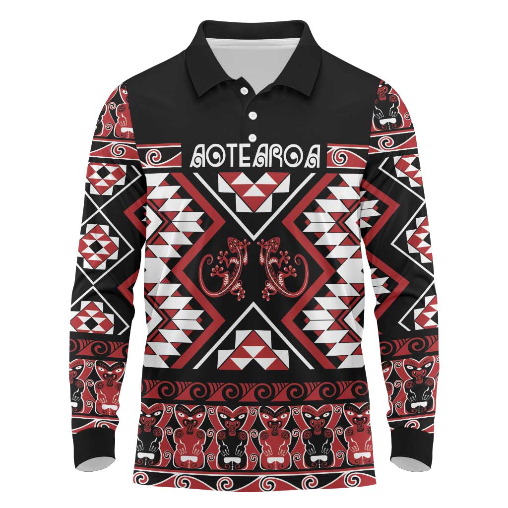 Personalised Aotearoa Waitangi Long Sleeve Polo Shirt Taniko Motifs - Mania Gecko LT7 Red - Polynesian Pride