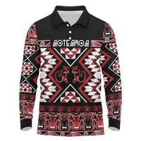 Personalised Aotearoa Waitangi Long Sleeve Polo Shirt Taniko Motifs - Mania Gecko LT7 Red - Polynesian Pride