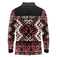 Personalised Aotearoa Waitangi Long Sleeve Polo Shirt Taniko Motifs - Mania Gecko LT7 - Polynesian Pride