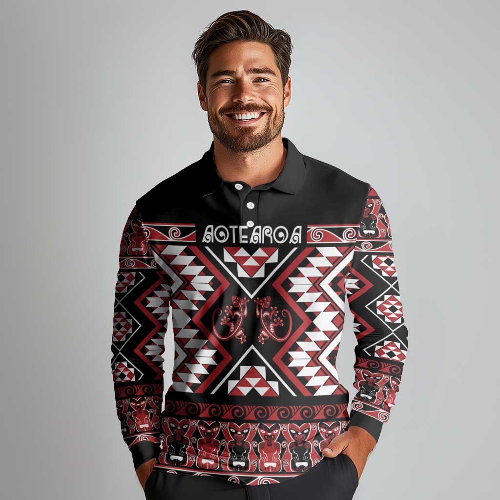Personalised Aotearoa Waitangi Long Sleeve Polo Shirt Taniko Motifs - Mania Gecko LT7 - Polynesian Pride