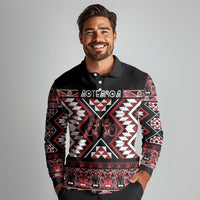 Personalised Aotearoa Waitangi Long Sleeve Polo Shirt Taniko Motifs - Mania Gecko LT7 - Polynesian Pride