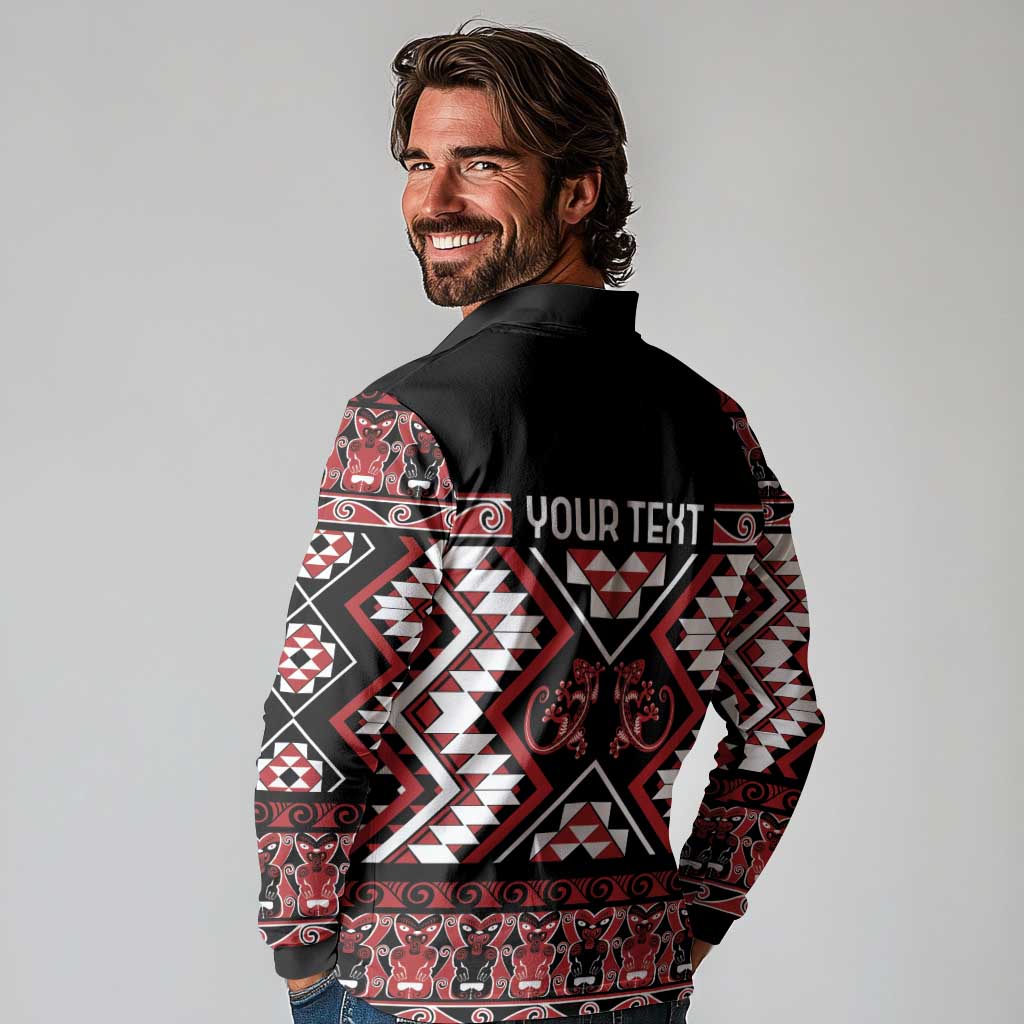 Personalised Aotearoa Waitangi Long Sleeve Polo Shirt Taniko Motifs - Mania Gecko LT7 - Polynesian Pride