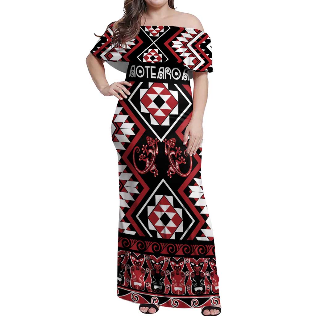 Personalised Aotearoa Waitangi Off Shoulder Maxi Dress Taniko Motifs - Mania Gecko