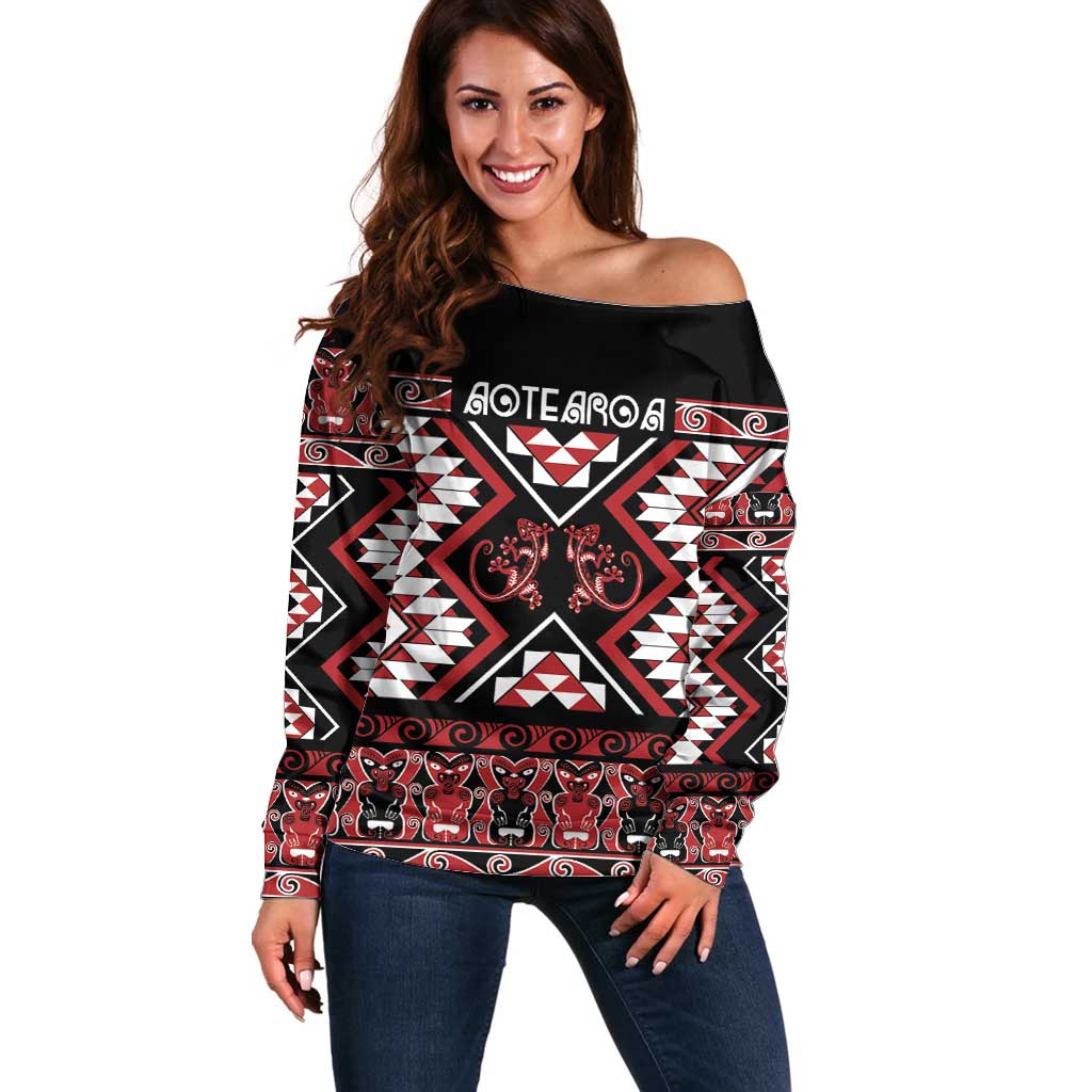 Personalised Aotearoa Waitangi Off Shoulder Sweater Taniko Motifs - Mania Gecko