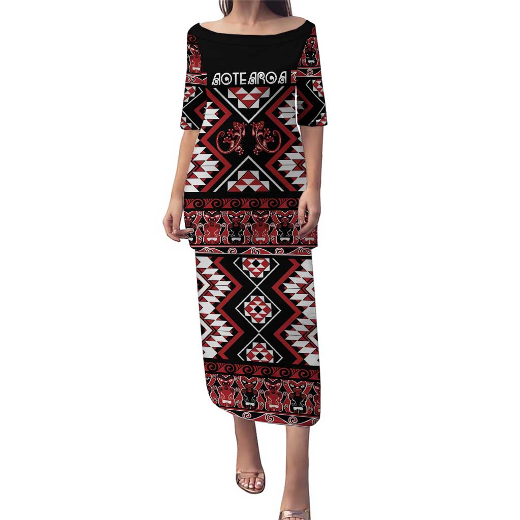 Personalised Aotearoa Waitangi Puletasi Taniko Motifs - Mania Gecko LT7 Long Dress Red - Polynesian Pride