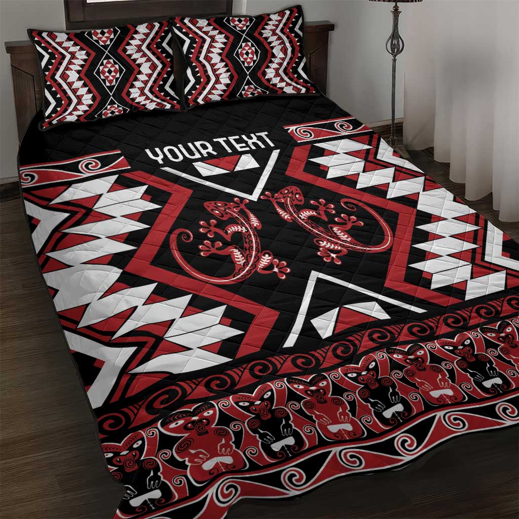 Personalised Aotearoa Waitangi Quilt Bed Set Taniko Motifs - Mania Gecko LT7 Red - Polynesian Pride