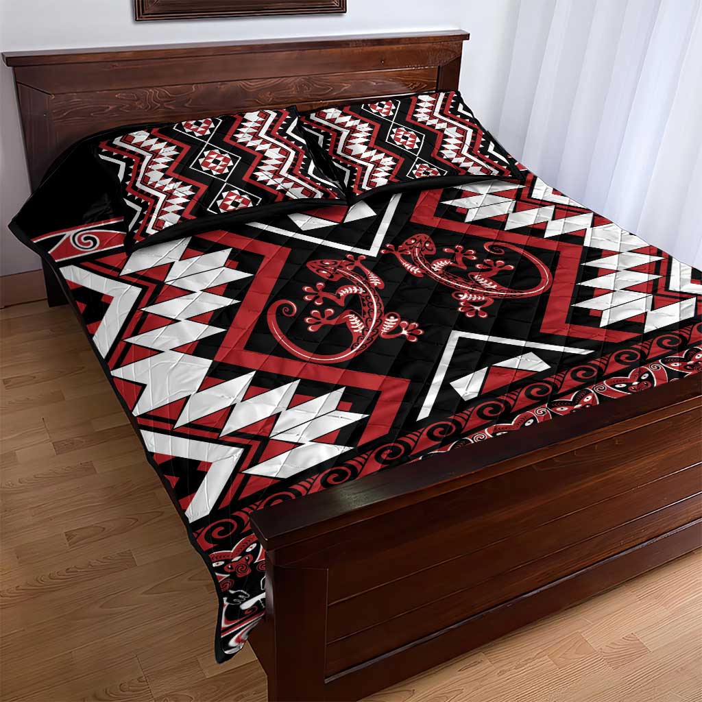 Personalised Aotearoa Waitangi Quilt Bed Set Taniko Motifs - Mania Gecko LT7 - Polynesian Pride