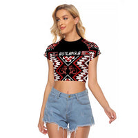 Personalised Aotearoa Waitangi Raglan Cropped T Shirt Taniko Motifs - Mania Gecko LT7 Female Red - Polynesian Pride