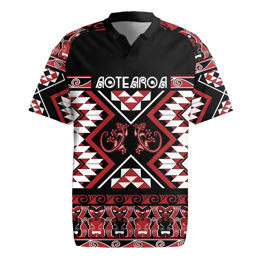 Personalised Aotearoa Waitangi Rugby Jersey Taniko Motifs - Mania Gecko