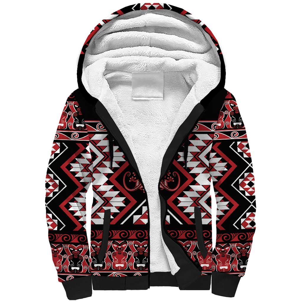 Personalised Aotearoa Waitangi Sherpa Hoodie Taniko Motifs - Mania Gecko LT7 Unisex Red - Polynesian Pride