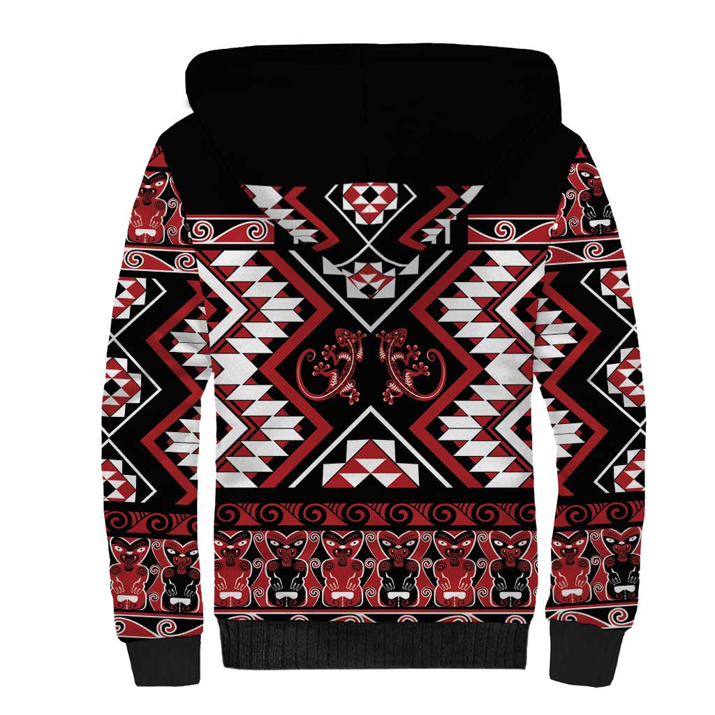 Personalised Aotearoa Waitangi Sherpa Hoodie Taniko Motifs - Mania Gecko LT7 - Polynesian Pride