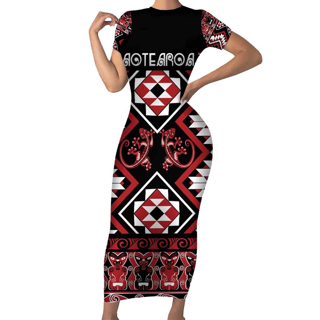 Personalised Aotearoa Waitangi Short Sleeve Bodycon Dress Taniko Motifs - Mania Gecko