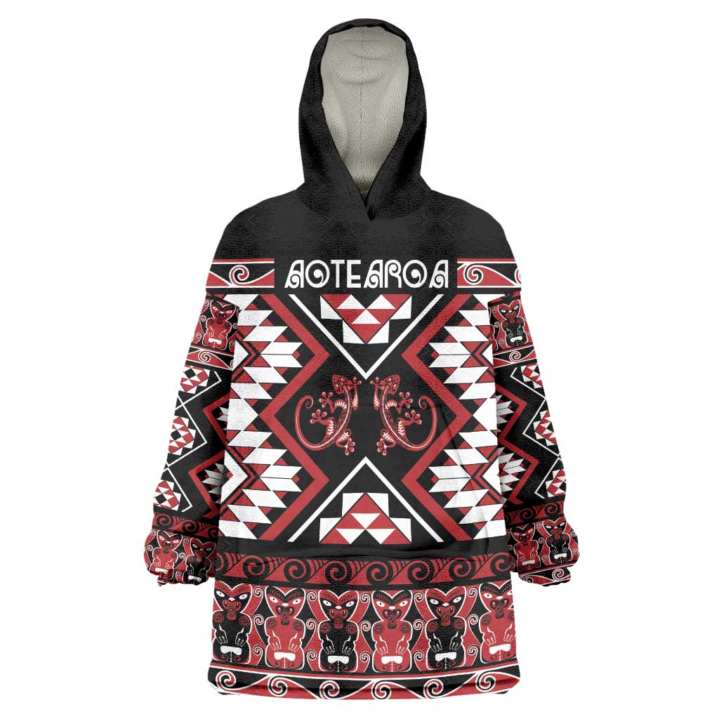 Personalised Aotearoa Waitangi Wearable Blanket Hoodie Taniko Motifs - Mania Gecko