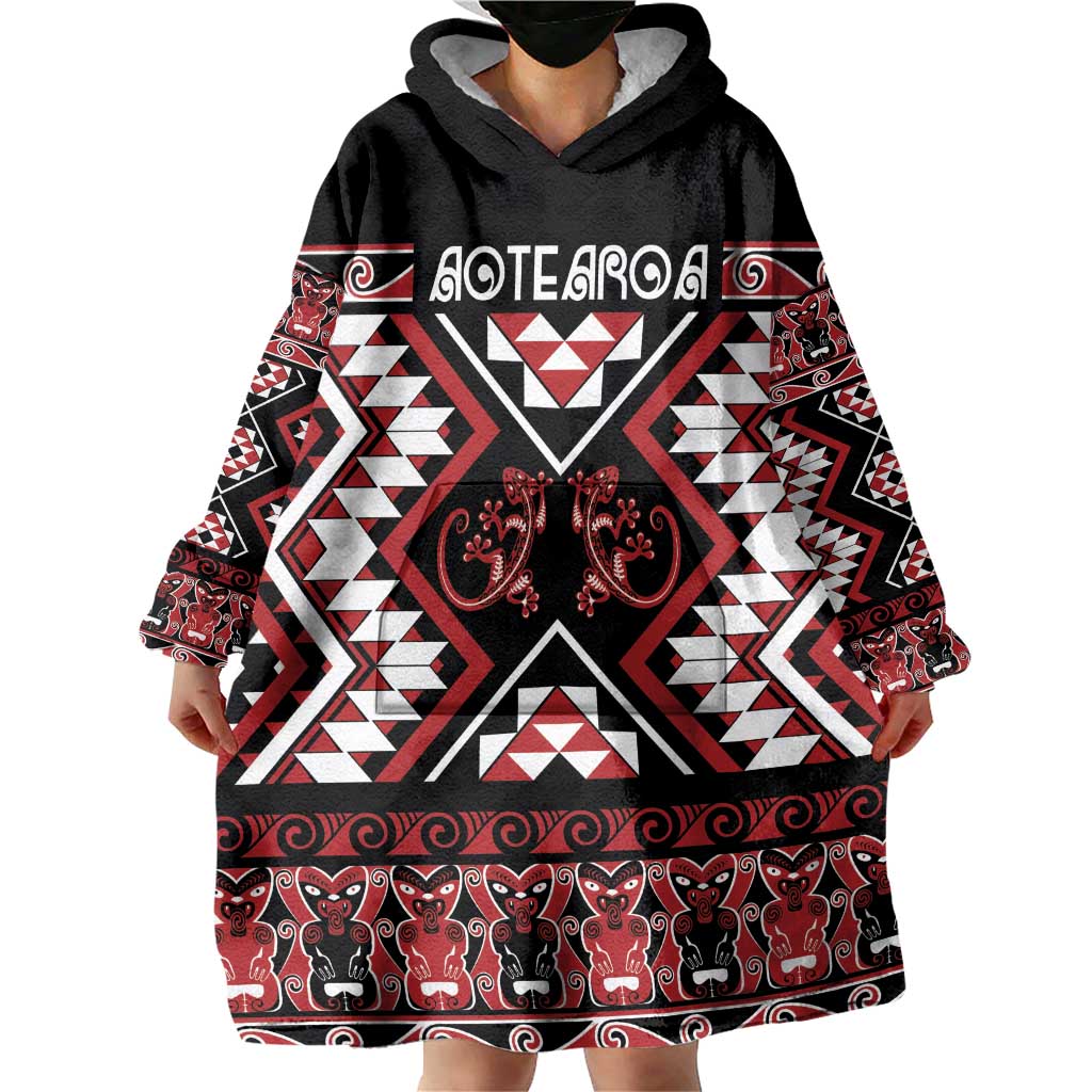Personalised Aotearoa Waitangi Wearable Blanket Hoodie Taniko Motifs - Mania Gecko LT7 - Polynesian Pride