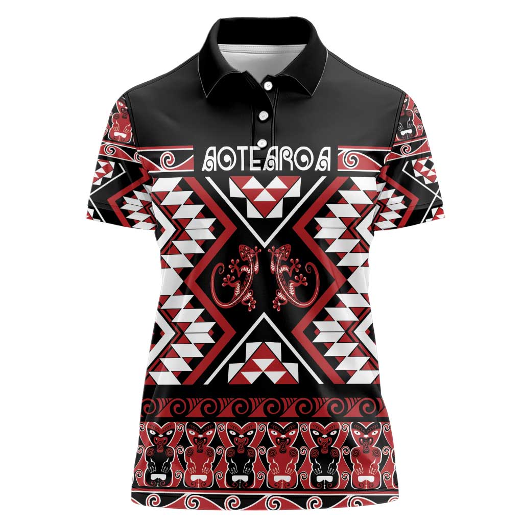 Personalised Aotearoa Waitangi Women Polo Shirt Taniko Motifs - Mania Gecko