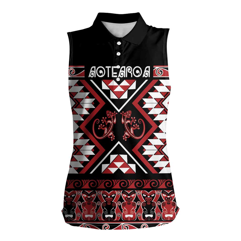 Personalised Aotearoa Waitangi Women Sleeveless Polo Shirt Taniko Motifs - Mania Gecko