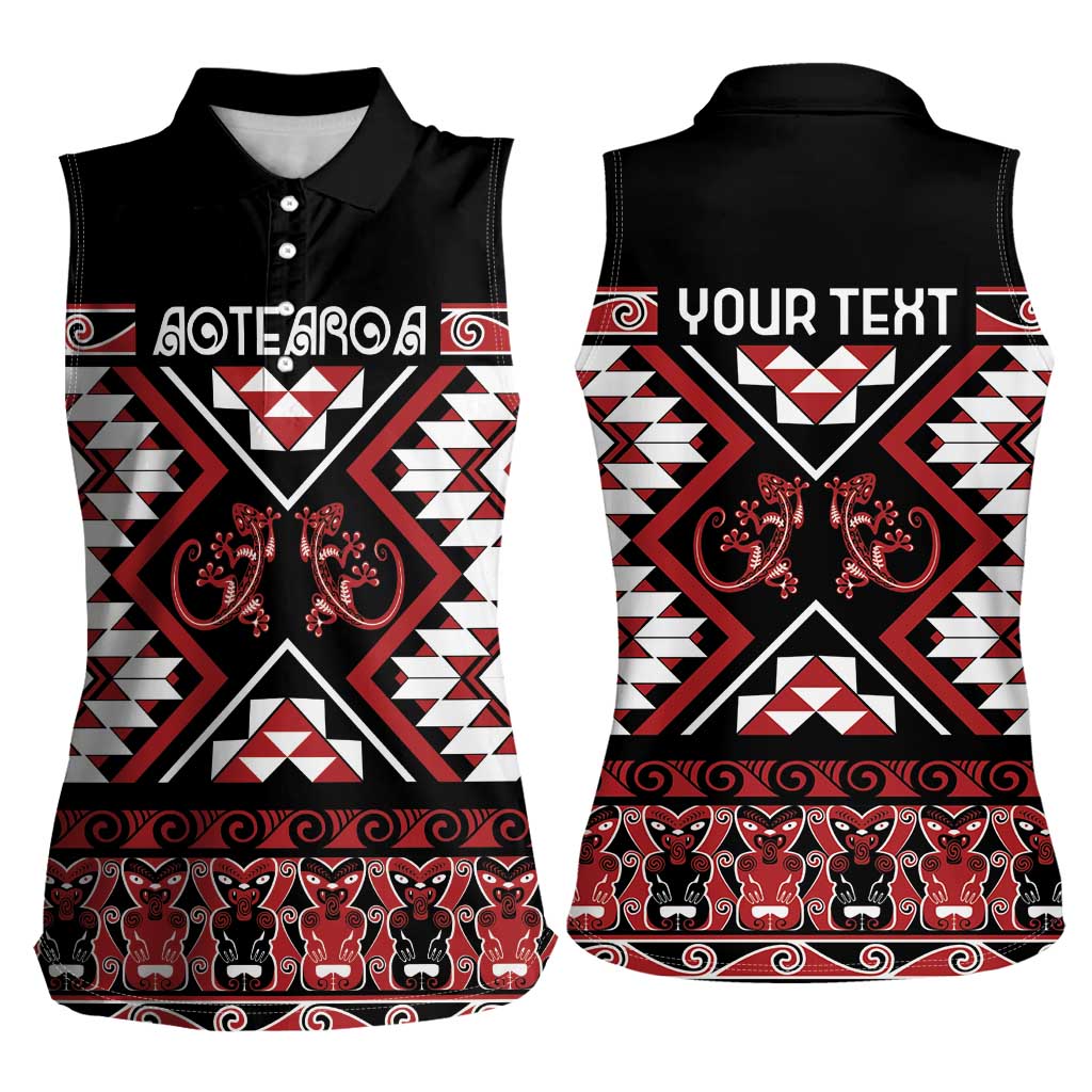 Personalised Aotearoa Waitangi Women Sleeveless Polo Shirt Taniko Motifs - Mania Gecko LT7 - Polynesian Pride