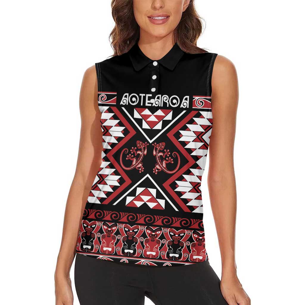 Personalised Aotearoa Waitangi Women Sleeveless Polo Shirt Taniko Motifs - Mania Gecko LT7 - Polynesian Pride