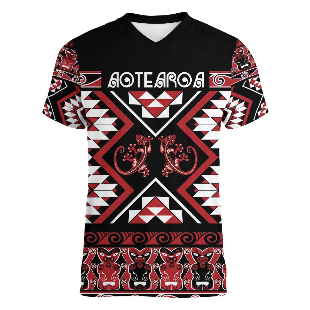 Personalised Aotearoa Waitangi Women V-Neck T-Shirt Taniko Motifs - Mania Gecko