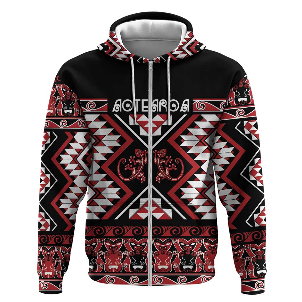 Personalised Aotearoa Waitangi Zip Hoodie Taniko Motifs - Mania Gecko